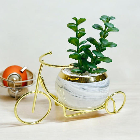 Artificial Potted Flower Vase with metal Cycle -White and Green