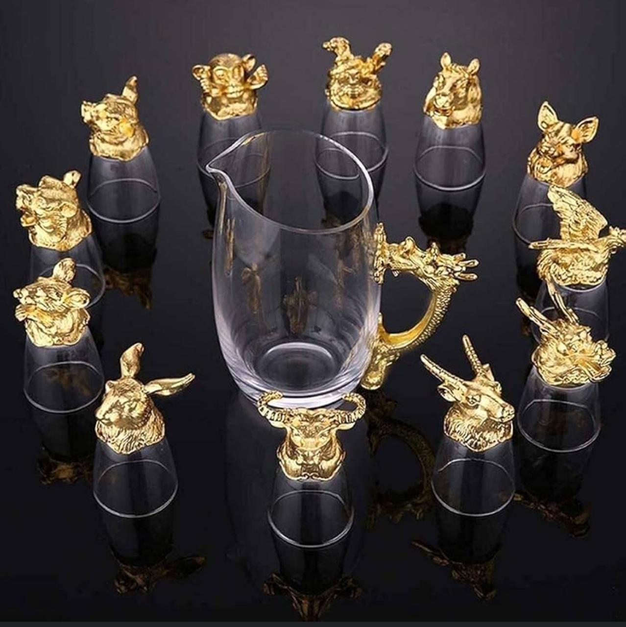 Zodiac Animal Shot Glasses | 12 pcs (60 ml) & Dispenser (250 ml) Decanter with Shot Glasses | Party Shot Glasses | Shot Glasses